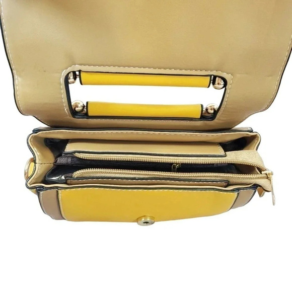 Yellow and Tan Two-Tone Cross Body Purse With Golden Accents, Adjustable Strap - Picture 8 of 8